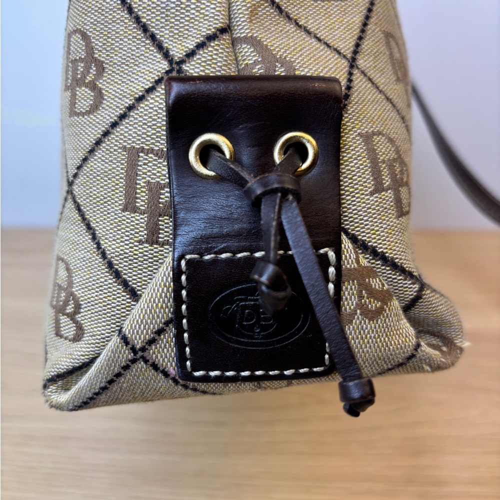Dooney & Bourke Monogram Canvas Shoulder Bag Brown Leather Trim Tassel Beige - Picture 6 of 16